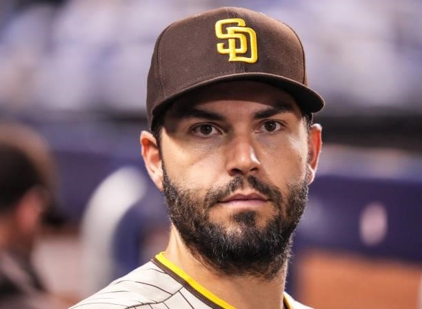 Eric Hosmer of the San Diego Padres looks on from the dugout during the game against the Miami Marlins at loanDepot park on July 23, 2021 in Miami,...
