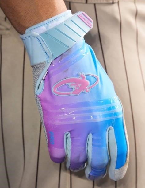General view of the Lizard Skins batting glove of Eric Hosmer of the San Diego Padres while in the dugout during the game against the Miami Marlins...
