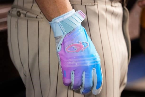 General view of the Lizard Skins batting glove of Eric Hosmer of the San Diego Padres while in the dugout during the game against the Miami Marlins...