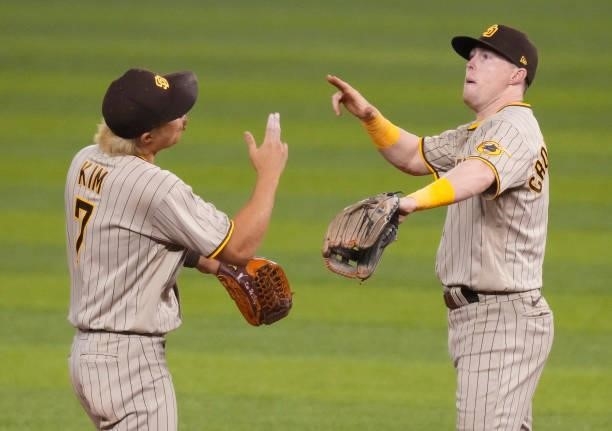 Ha-Seong Kim and Jake Cronenworth of the San Diego Padres celebrate the win against the Miami Marlins at loanDepot park on July 23, 2021 in Miami,...