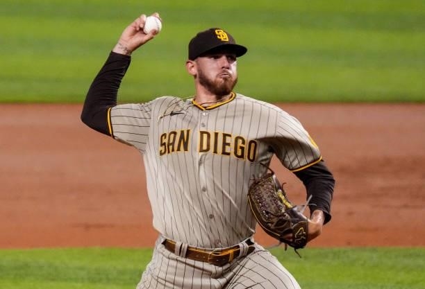 Joe Musgrove of the San Diego Padres delivers a pitch against the Miami Marlins at loanDepot park on July 23, 2021 in Miami, Florida.