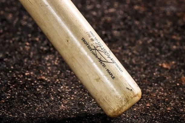 Detailed view of the bat of Manny Machado of the San Diego Padres in the dugout during the game against the Miami Marlins at loanDepot park on July...