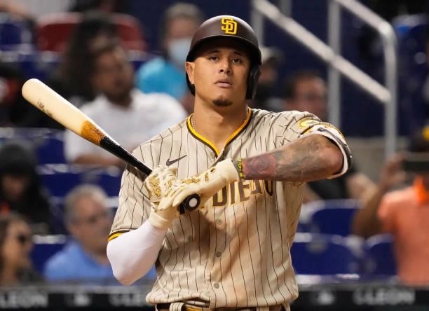 Manny Machado of the San Diego Padres bats against the Miami Marlins at loanDepot park on July 23, 2021 in Miami, Florida.