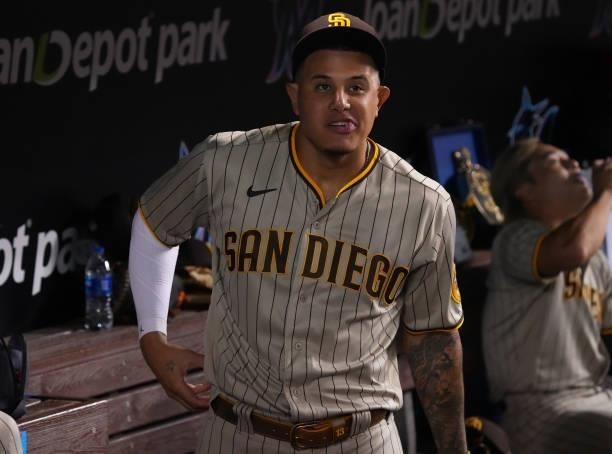 Manny Machado of the San Diego Padres looks on during the game against the Miami Marlins at loanDepot park on July 23, 2021 in Miami, Florida.