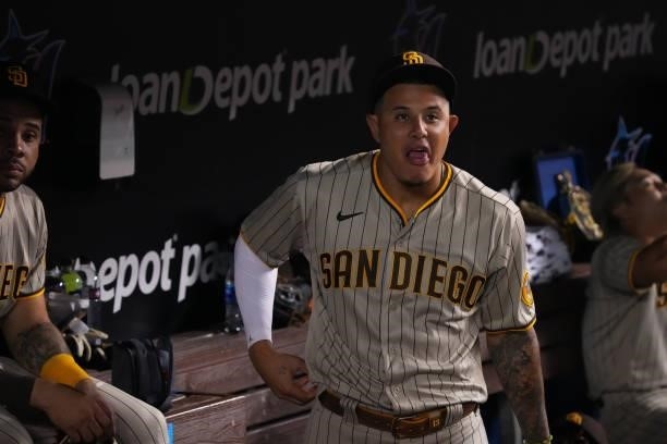 Manny Machado of the San Diego Padres looks on during the game against the Miami Marlins at loanDepot park on July 23, 2021 in Miami, Florida.