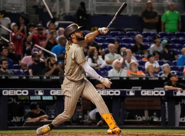 Fernando Tatis Jr. #23 of the San Diego Padres pinch hits in the ninth inning against the Miami Marlins at loanDepot park on July 23, 2021 in Miami,...