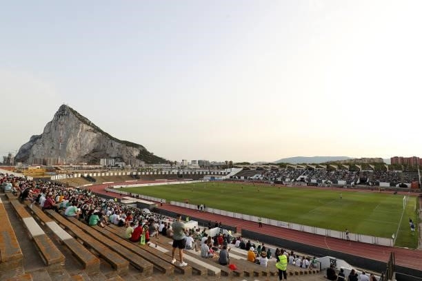 General view inside the stadium where the Rock of Gibraltar is seen during the Pre-Season Friendly match between Real Betis and Wolverhampton...