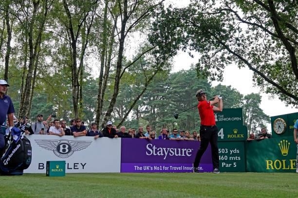 Bernhard Langer of Germany in action during the third round of the Senior Open presented by Rolex at Sunningdale Golf Club on July 24, 2021 in...