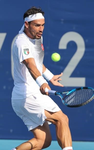 Fabio Fognini of Italy during day one of the Tokyo 2020 Olympic Games at Ariake Tennis Park on July 24, 2021 in Tokyo, Japan.