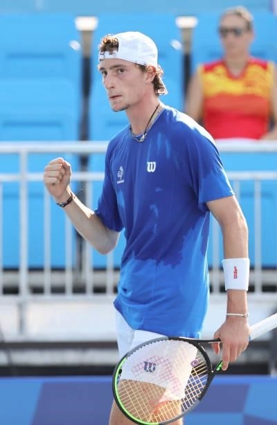 Ugo Humbert of France celebrates his first round victory during day one of the Tokyo 2020 Olympic Games at Ariake Tennis Park on July 24, 2021 in...