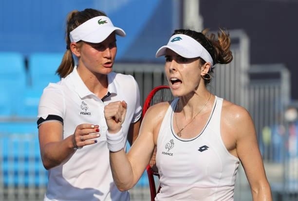 Fiona Ferro and Alize Cornet of France during day one of the Tokyo 2020 Olympic Games at Ariake Tennis Park on July 24, 2021 in Tokyo, Japan.