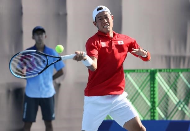 Kei Nishikori of Japan during day one of the Tokyo 2020 Olympic Games at Ariake Tennis Park on July 24, 2021 in Tokyo, Japan.