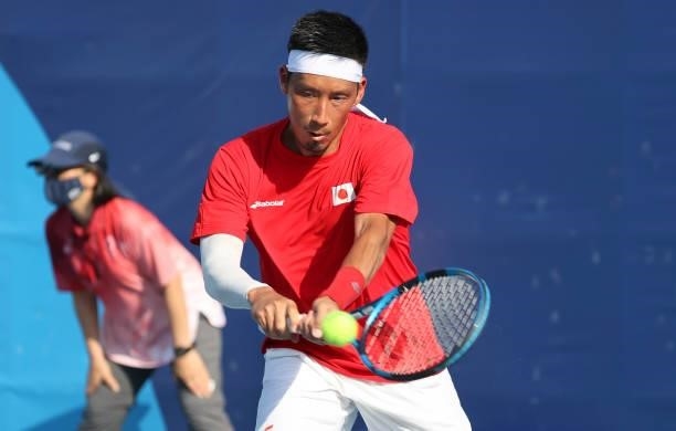 Yuichi Sugita of Japan during day one of the Tokyo 2020 Olympic Games at Ariake Tennis Park on July 24, 2021 in Tokyo, Japan.