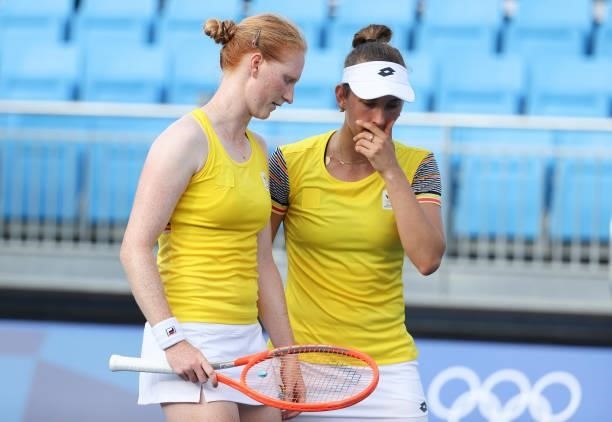 Alison Van Uytvanck and Elise Mertens of Belgium during day one of the Tokyo 2020 Olympic Games at Ariake Tennis Park on July 24, 2021 in Tokyo,...