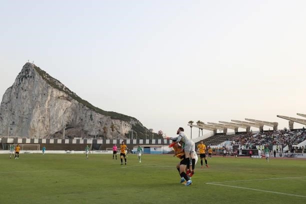 General view inside the stadium as Jose Sa of Wolverhampton Wanderers makes a save where the Rock of Gibraltar is seen during the Pre-Season Friendly...