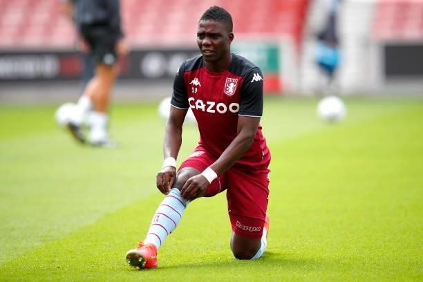 Marvelous Nakamba of Aston Villa stretches during the warm-up in the Pre-Season Friendly between Stoke City and Aston Villa at bet365 Stadium on July...