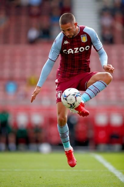 Conor Hourihane of Aston Villa controls the ball during the Pre-Season Friendly between Stoke City and Aston Villa at bet365 Stadium on July 24, 2021...