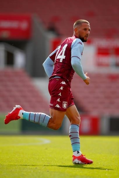 Conor Hourihane of Aston Villa looks on during the Pre-Season Friendly between Stoke City and Aston Villa at bet365 Stadium on July 24, 2021 in Stoke...