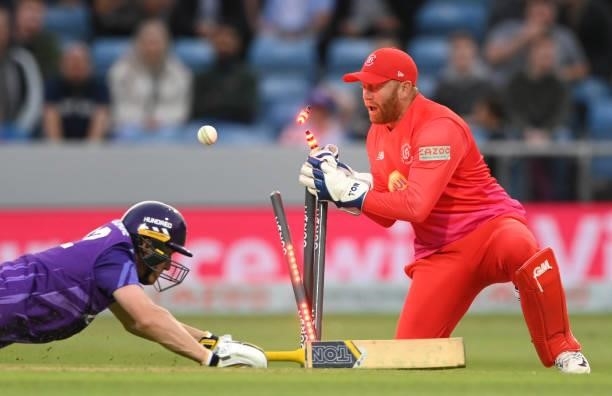 Superchargers batsman Tom Kohler-Cadmore is run out by Jonny Bairstow during The Hundred match between Northern Superchargers Men and Welsh Fire Men...