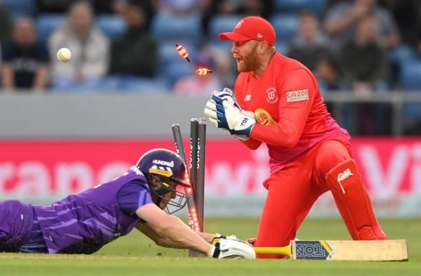 Superchargers batsman Tom Kohler-Cadmore is run out by Jonny Bairstow during The Hundred match between Northern Superchargers Men and Welsh Fire Men...