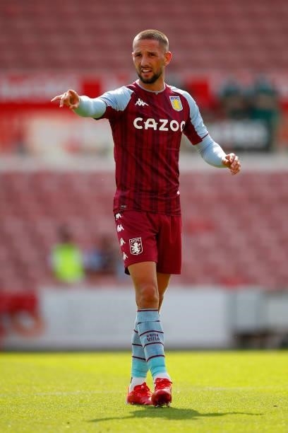 Conor Hourihane of Aston Villa reacts during the Pre-Season Friendly between Stoke City and Aston Villa at bet365 Stadium on July 24, 2021 in Stoke...