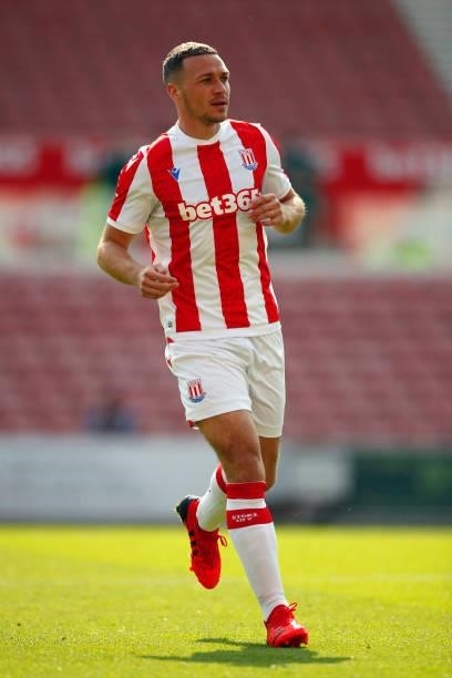 James Chester of Stoke City looks on during the Pre-Season Friendly between Stoke City and Aston Villa at bet365 Stadium on July 24, 2021 in Stoke on...