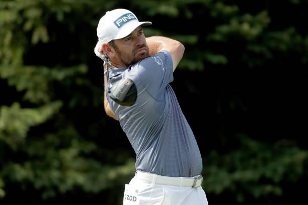 Louis Oosthuizen of South Africa plays his shot from the second tee during the Third Round of the 3M Open at TPC Twin Cities on July 24, 2021 in...