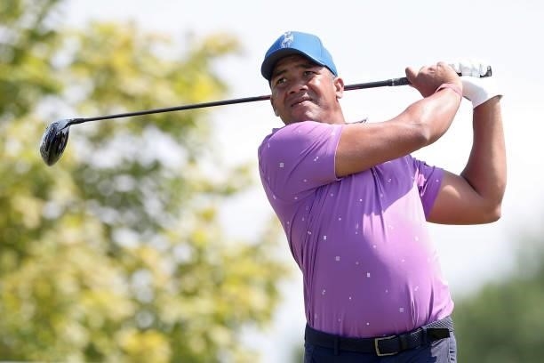 Jhonattan Vegas of Venezuela plays his shot from the first tee during the Third Round of the 3M Open at TPC Twin Cities on July 24, 2021 in Blaine,...