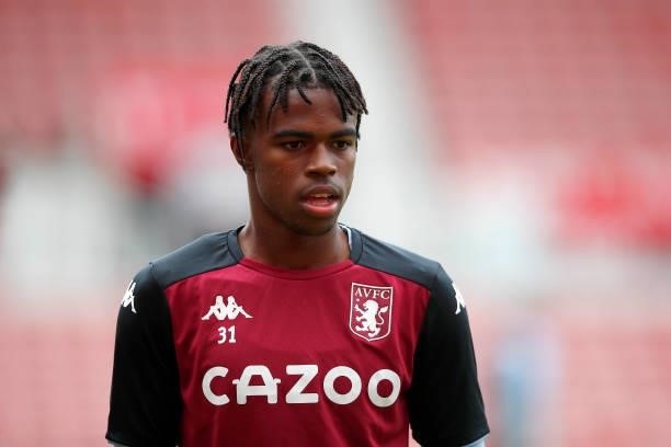 Carney Chukwuemeka of Aston Villa looks on in the warm-up during the Pre-Season Friendly between Stoke City and Aston Villa at bet365 Stadium on July...