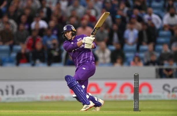Superchargers batsman Matthew Potts hits out during The Hundred match between Northern Superchargers Men and Welsh Fire Men at Emerald Headingley...