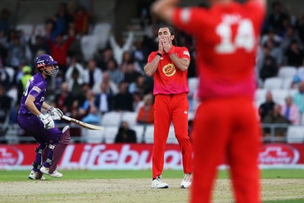 Liam Plunkett of Welsh Fire reacts after a missed chance during The Hundred Match between Northern Superchargers and Welsh Fire at Emerald Headingley...