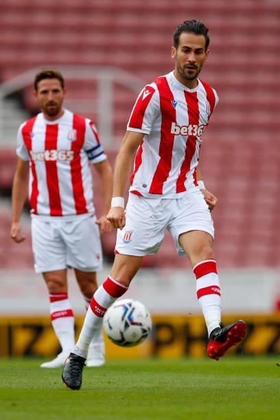 Mario Vrancic of Stoke City passes the ball during the Pre-Season Friendly between Stoke City and Aston Villa at bet365 Stadium on July 24, 2021 in...