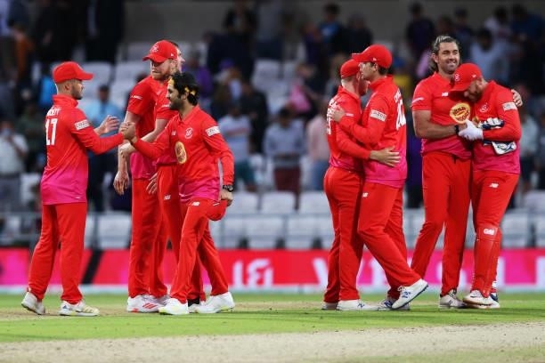 Welsh Fire celebrate victory during The Hundred Match between Northern Superchargers and Welsh Fire at Emerald Headingley Stadium on July 24, 2021 in...