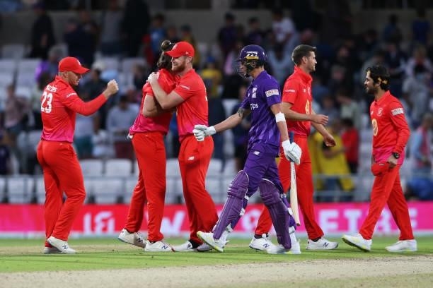 Welsh Fire celebrate victory during The Hundred Match between Northern Superchargers and Welsh Fire at Emerald Headingley Stadium on July 24, 2021 in...
