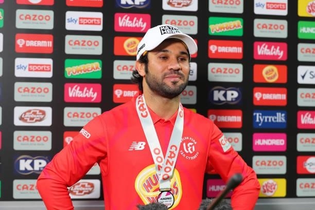 Player of the match Qais Ahmad of Welsh Fire during The Hundred match between Northern Superchargers v Welsh Fire at Emerald Headingley Stadium on...