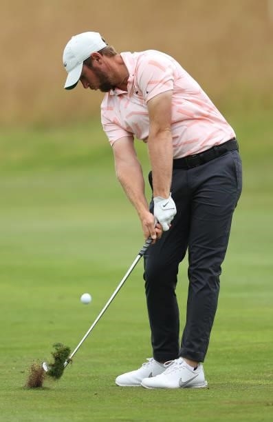 Sam Horsfield of England plays his second shot on the 16th hole during the third round of the Cazoo Open supported by Gareth Bale at Celtic Manor...