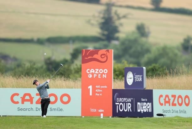 Brendan Lawlor of Ireland in action during the third round of the Cazoo Open supported by Gareth Bale at Celtic Manor Resort on July 24, 2021 in...