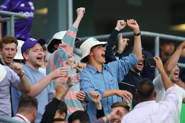 Fans of Northern Superchargers cheer a boundary during The Hundred match between Northern Superchargers v Welsh Fire at Emerald Headingley Stadium on...