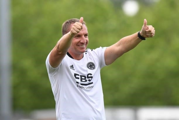 Leicester City Manager Brendan Rodgers applauds the fans at the end of the Pre-Season Friendly match between Burton Albion and Leicester City at...