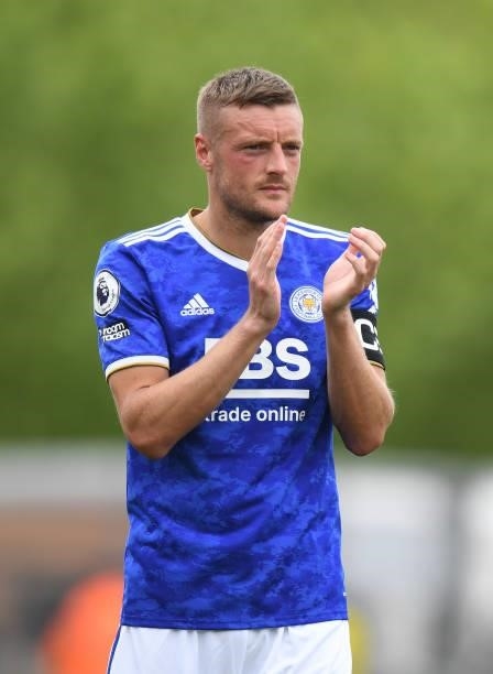 Jamie Vardy of Leicester City applauds the fans at the end of the Pre-Season Friendly match between Burton Albion and Leicester City at Pirelli...