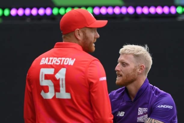 Superchargers captain Ben Stokes chats with Jonny Bairstow during The Hundred match between Northern Superchargers Men and Welsh Fire Men at Emerald...