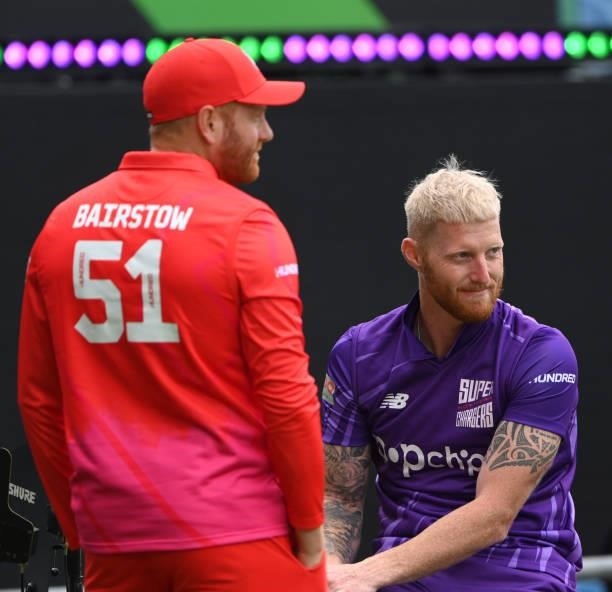 Superchargers captain Ben Stokes chats with Jonny Bairstow during The Hundred match between Northern Superchargers Men and Welsh Fire Men at Emerald...