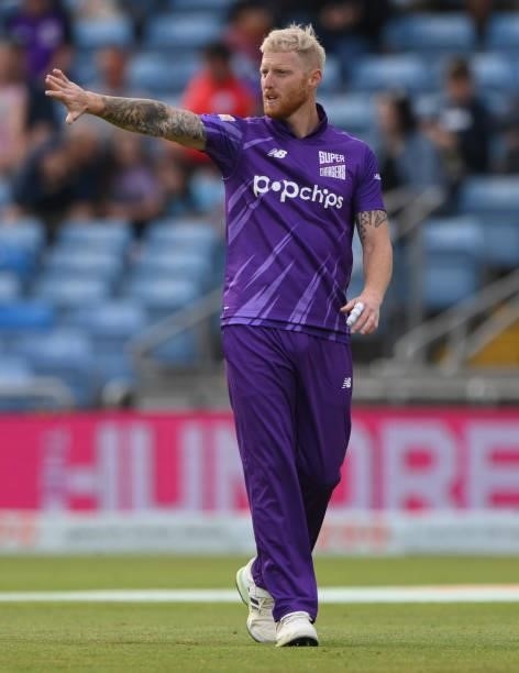 Superchargers captain Ben Stokes sets his field during The Hundred match between Northern Superchargers Men and Welsh Fire Men at Emerald Headingley...