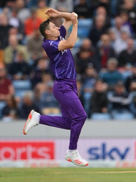 Superchargers bowler Matthew Potts in bowling action during The Hundred match between Northern Superchargers Men and Welsh Fire Men at Emerald...