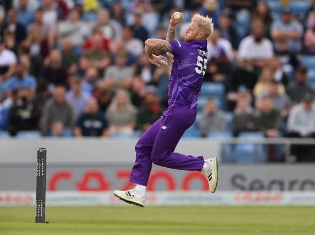 Superchargers captain Ben Stokes in bowling action during The Hundred match between Northern Superchargers Men and Welsh Fire Men at Emerald...