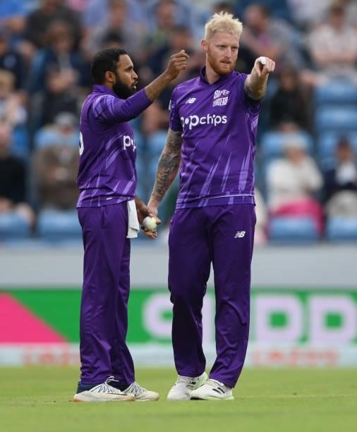 Superchargers captain Ben Stokes sets his field with bowler Adil Rashid during The Hundred match between Northern Superchargers Men and Welsh Fire...