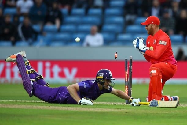 Tom Kohler-Cadmore of Northern Superchargers is runout by Jonny Bairstow during The Hundred match between Northern Superchargers v Welsh Fire at...