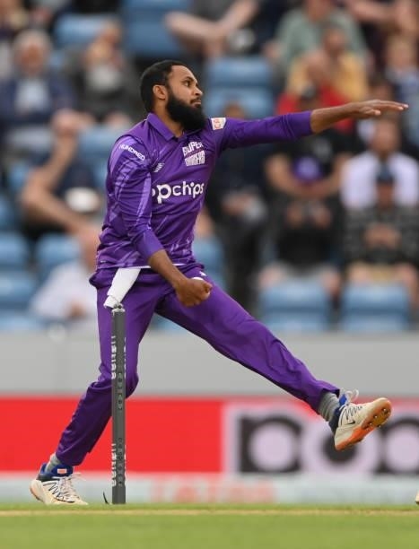 Superchargers cbowler Adil Rashid in action during The Hundred match between Northern Superchargers Men and Welsh Fire Men at Emerald Headingley...