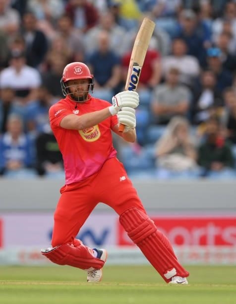 Welsh Fire batsman Jonny Bairtsow hits out during The Hundred match between Northern Superchargers Men and Welsh Fire Men at Emerald Headingley...