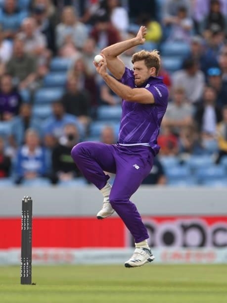Superchargers bowler David Willey in bowling action during The Hundred match between Northern Superchargers Men and Welsh Fire Men at Emerald...
